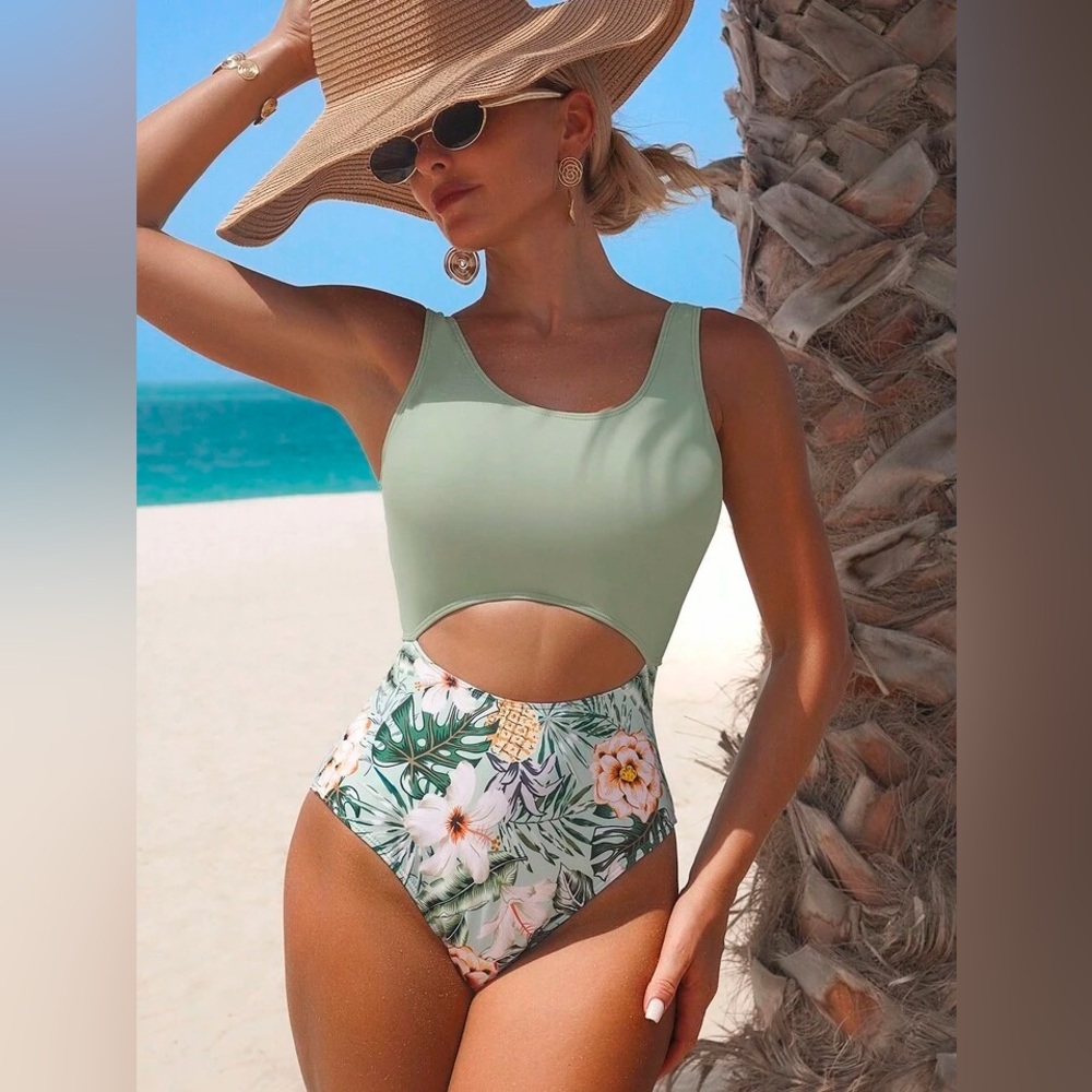 Women’s Sage Green Cutout One-Piece Swimsuit with Tropical Print